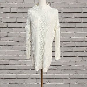 American Rag Cie White Cable Knit Sweater Dress S Fringe Sleeves Open Back